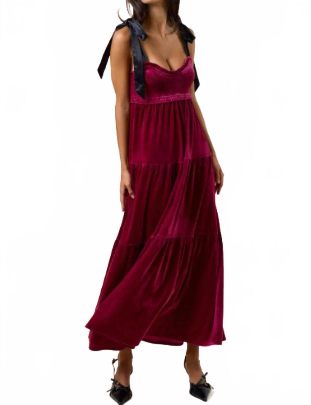 NEW LALAVON women's velvet satin bow shoulder tie maxi dress in wine